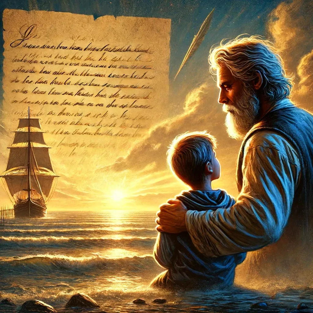 Father embracing his son by the sea at sunset, with a sailing ship and handwritten letter