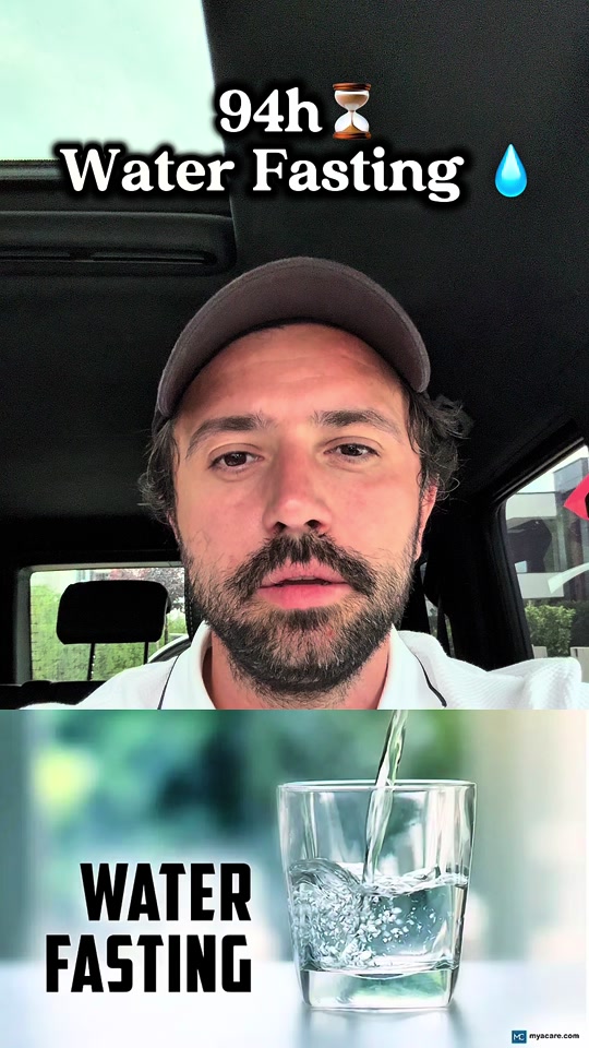 Eduard in a white polo shirt and cap inside a car, with the original 94-hour fasting graphic.