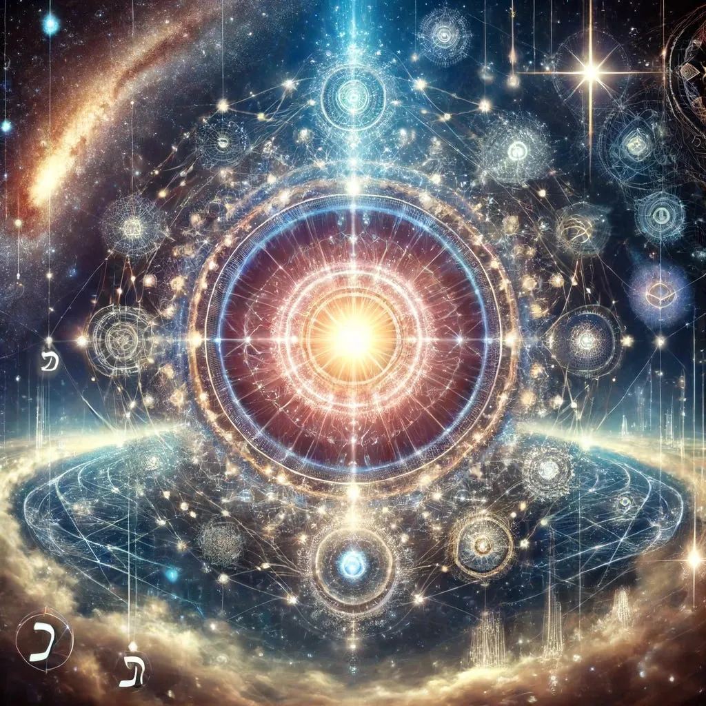 Radiant point of light at the center of interconnected cosmic rings, stars, and galaxies
