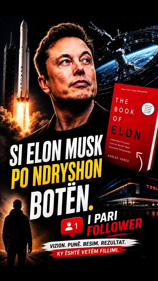 The original video cover showing Elon Musk, a rocket and Albanian text about a first follower.