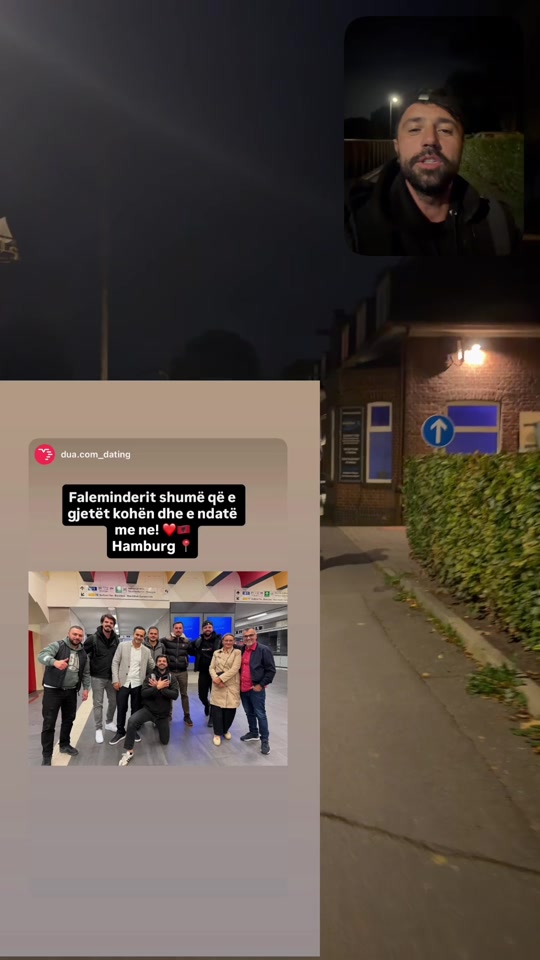 Eduard walking at night, with a shared Hamburg group photograph and a thank-you message overlaid on the original video.