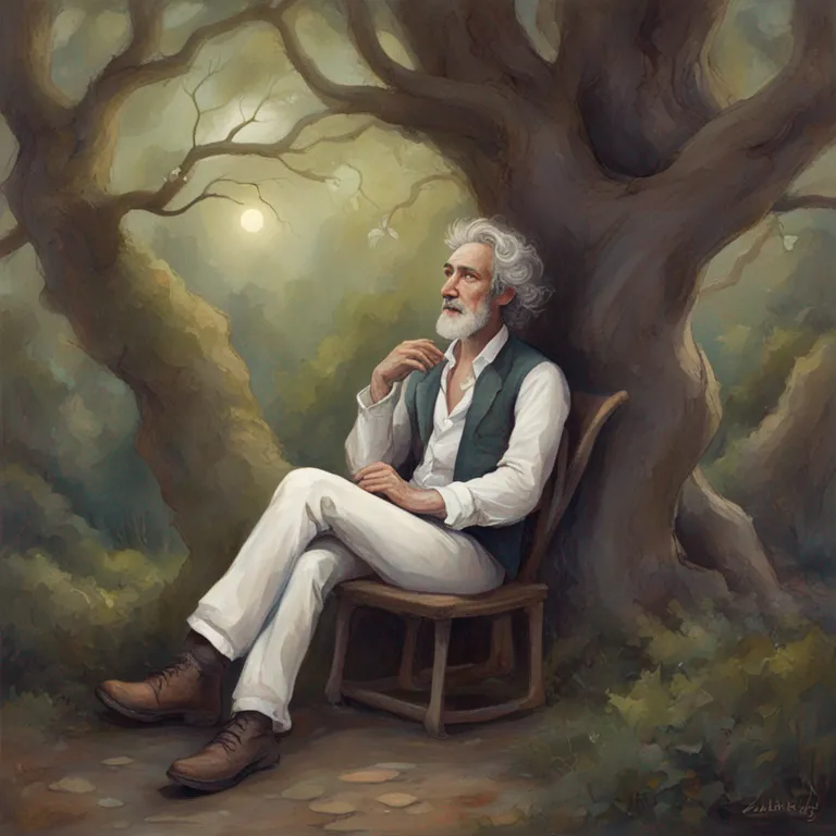 Painting of a gray-haired man sitting thoughtfully beneath an old tree at dusk