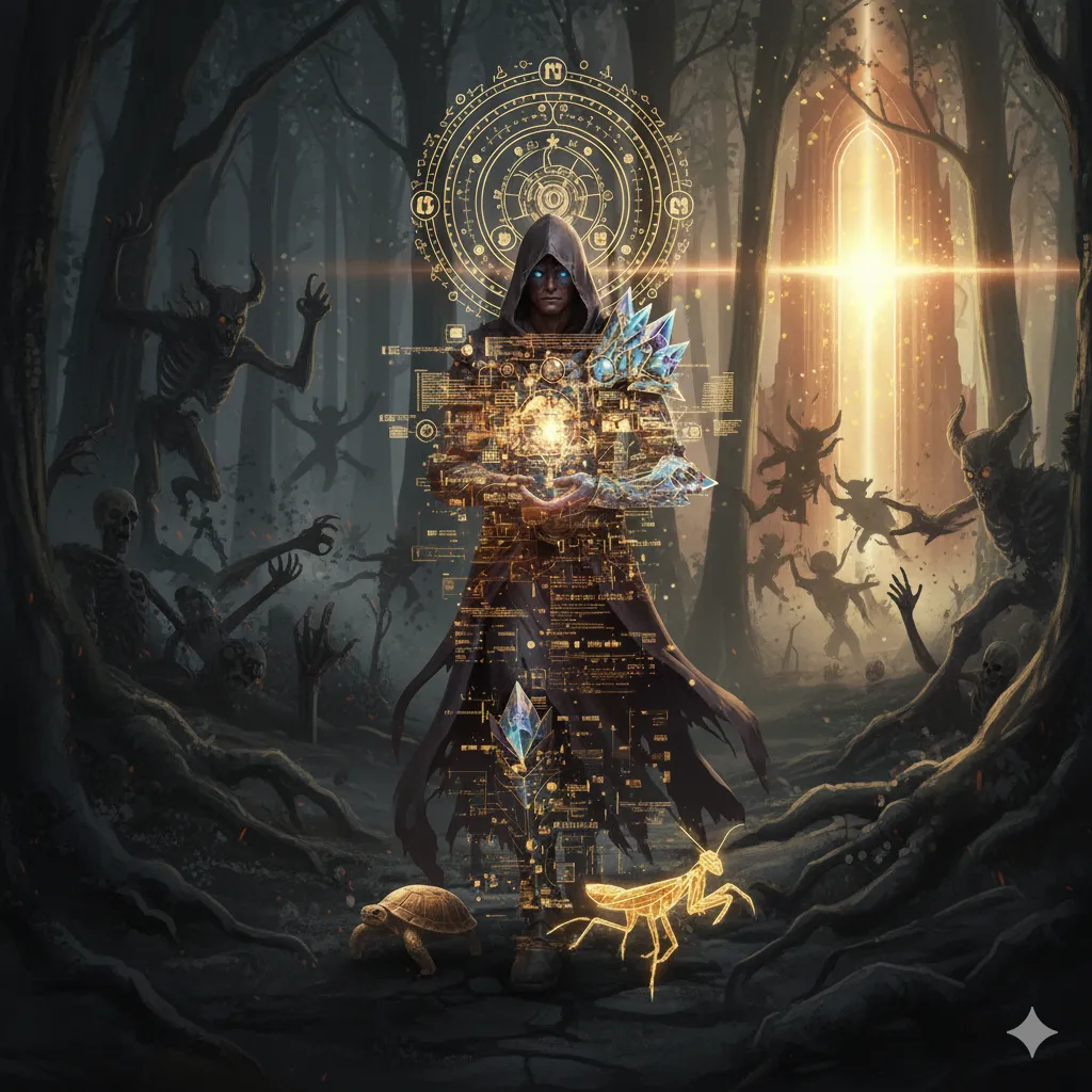 Hooded figure of glowing code in a demon-filled forest, turtle and mantis at his feet
