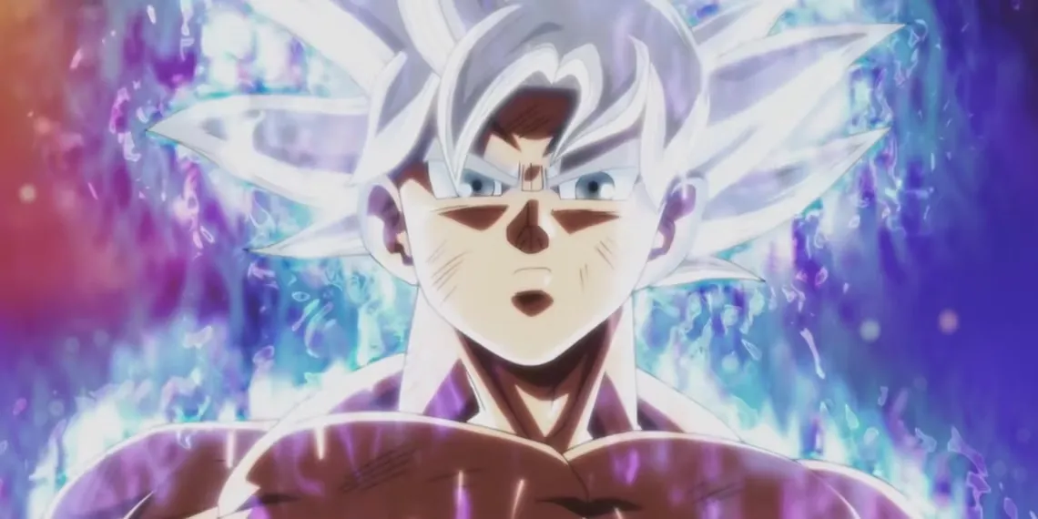 Anime warrior with glowing white hair powering up in a radiant purple aura