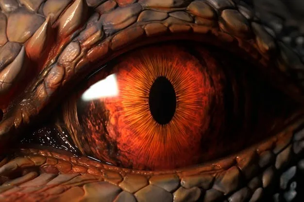 Close-up of a dragon's fiery orange eye surrounded by dark scales
