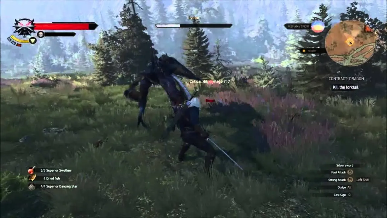 Witcher 3 gameplay screenshot of Geralt fighting a dragon in a forest