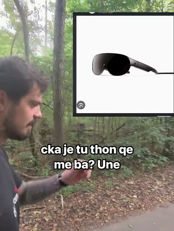 A still from the original video: a walking companion beside an inserted image of glasses.