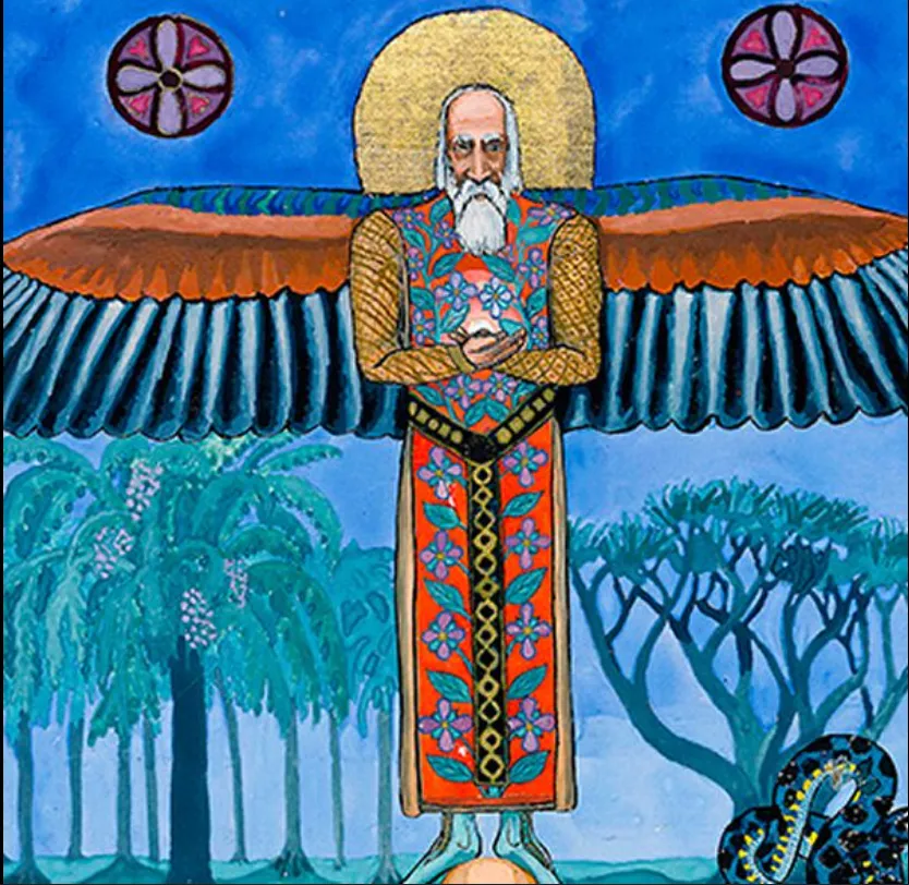 Winged, haloed elder in ornate robes, one of Jung's visionary Red Book paintings