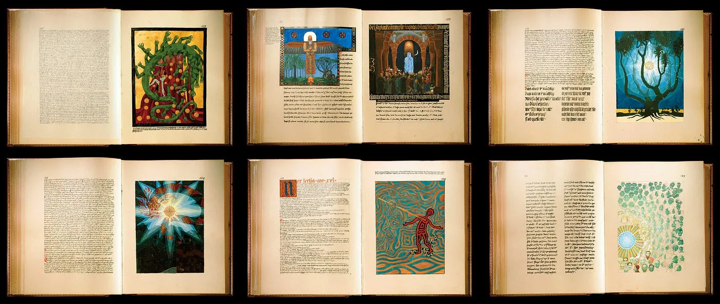 Open volumes of Jung's Red Book showing calligraphic pages and colorful symbolic paintings