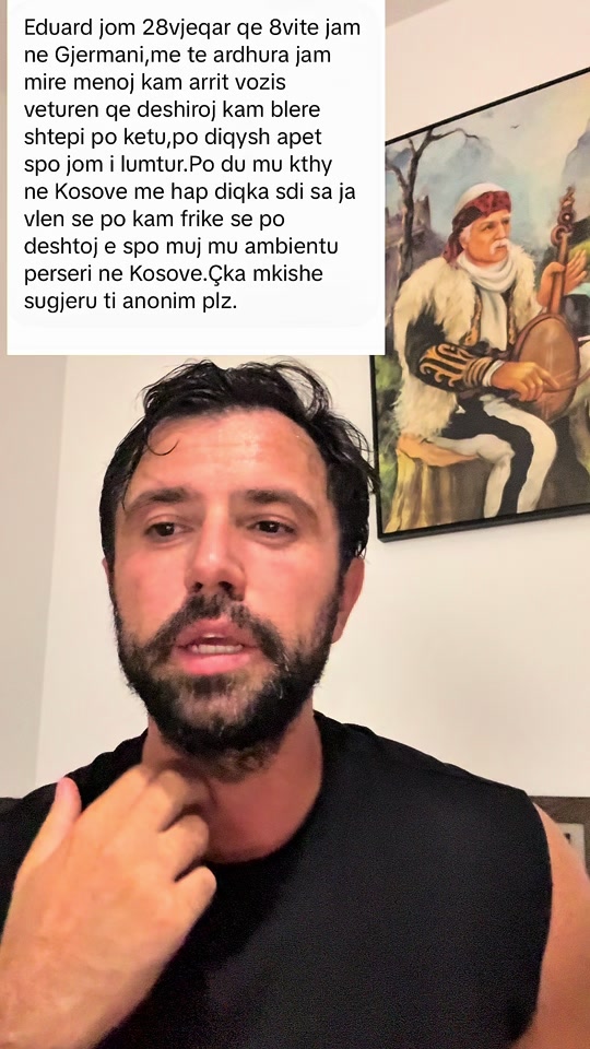 Eduard discussing a follower’s question about returning to Kosovo.
