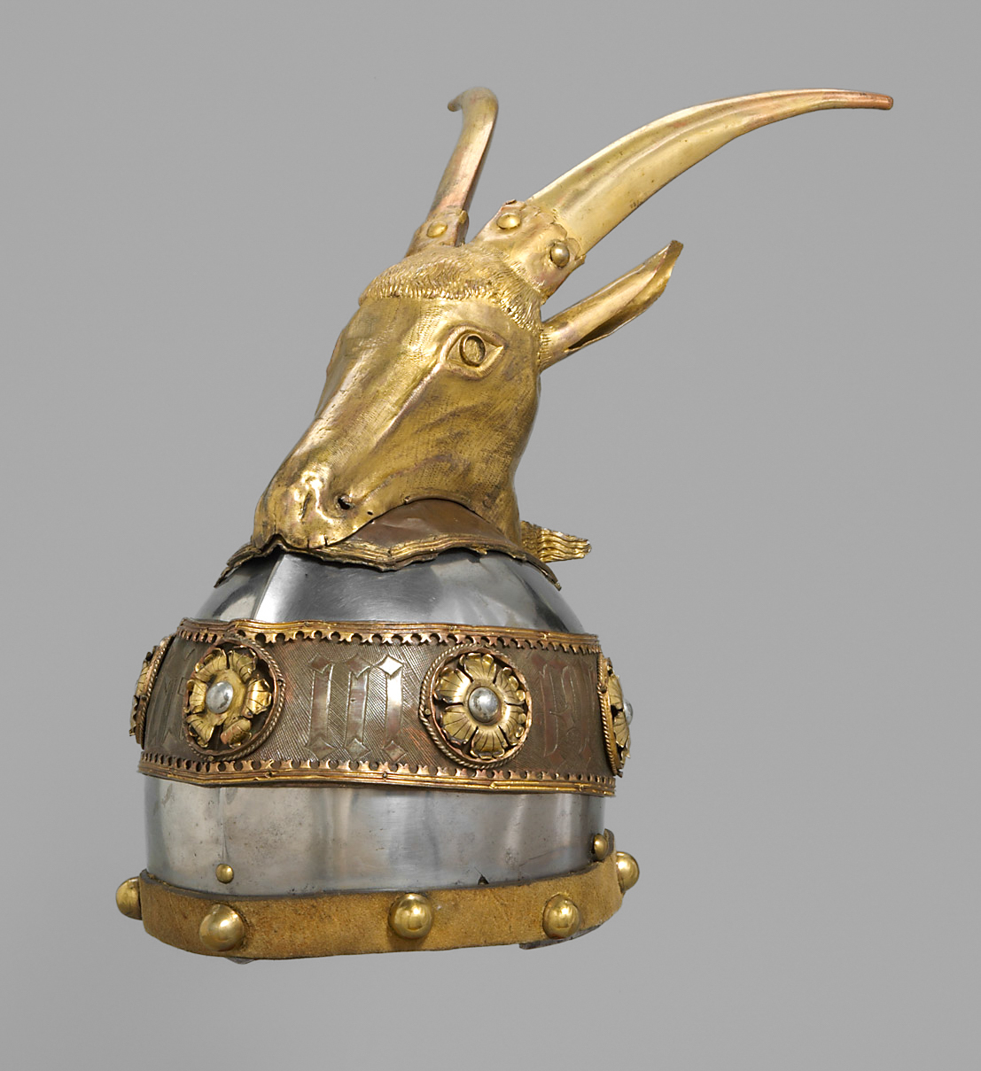 The helmet attributed to Skanderbeg, with a gilded goat-head crest.