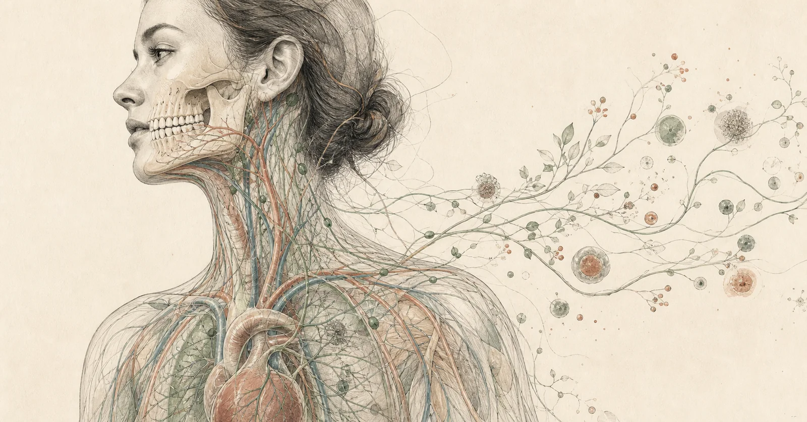 Conceptual editorial illustration connecting the mouth with the body's vascular and immune systems