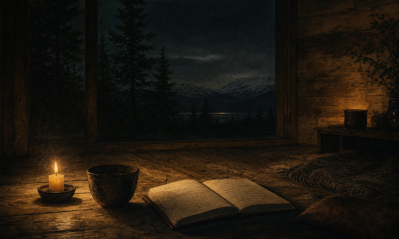 Editorial illustration of a quiet candlelit retreat room overlooking a Norwegian forest at night