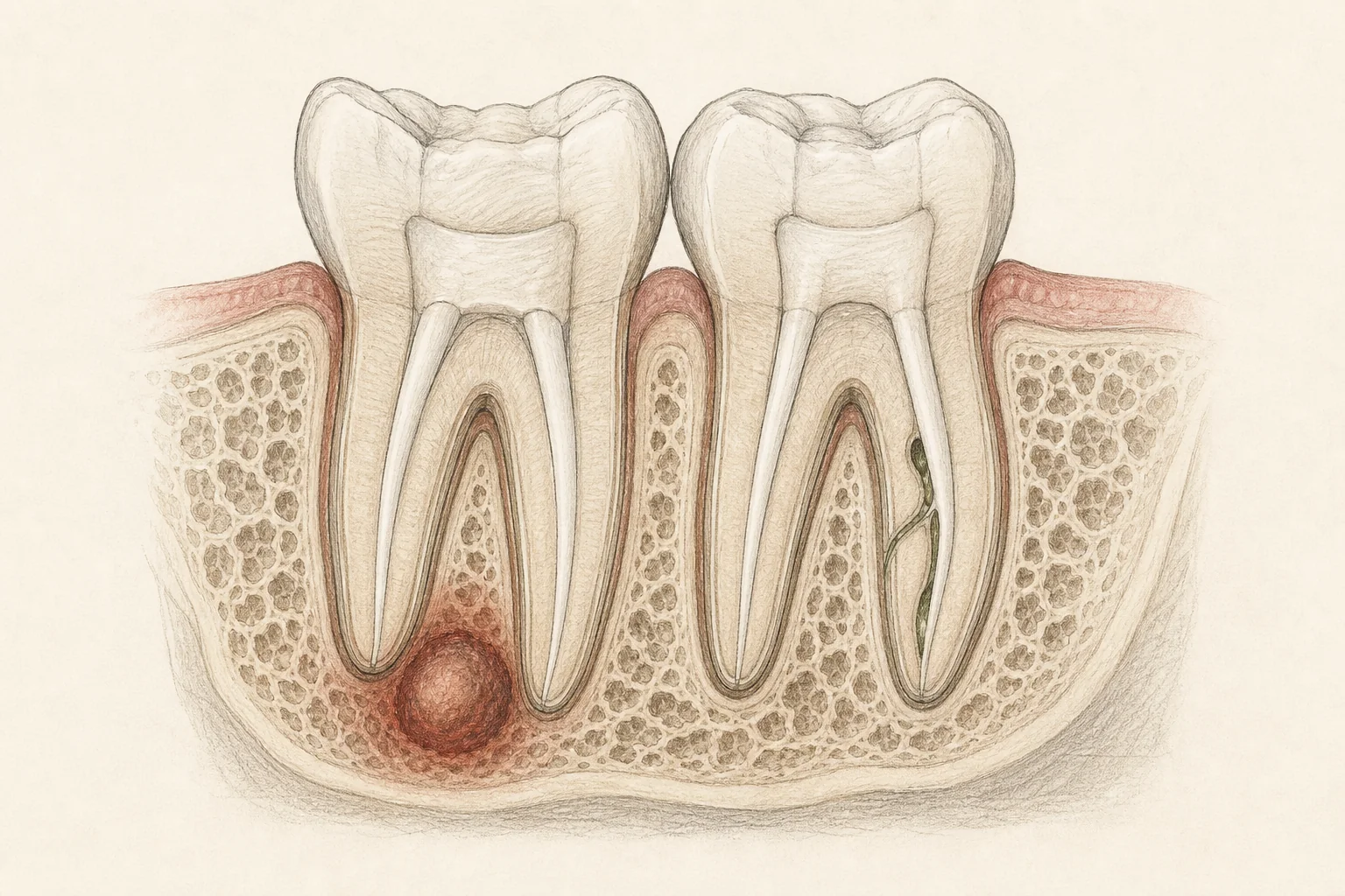 Editorial anatomical cutaway of two neighboring root-canal-treated molars and inflammation around a root tip