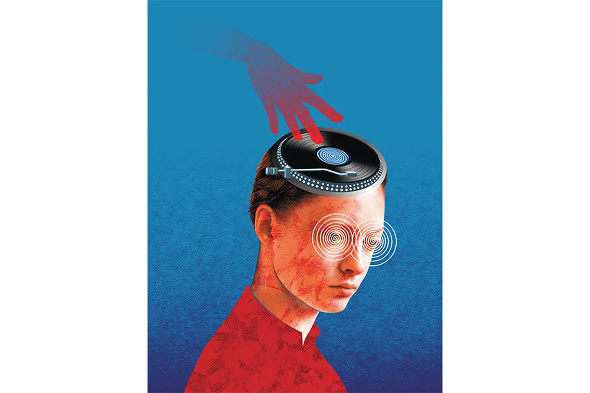 Illustration of a hand spinning a record inside a person's opened head, hypnotized eyes