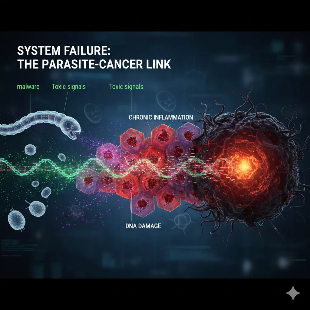 Illustration of a parasite emitting toxic signals that turn inflamed cells into a tumor