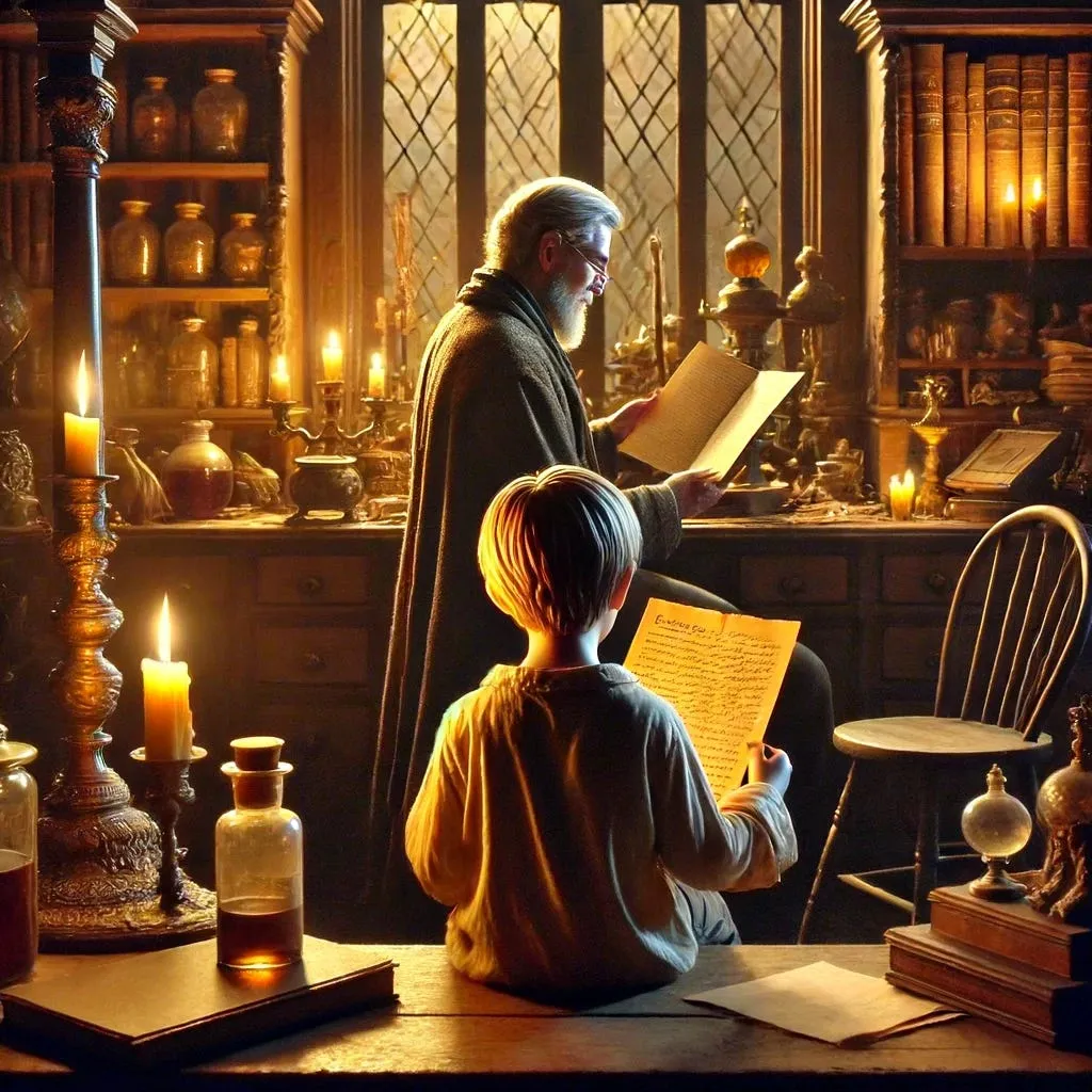 Illustration of a boy and a gray-bearded man reading handwritten letters in a candlelit study
