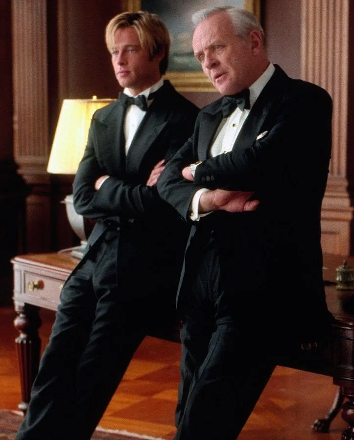 Brad Pitt and Anthony Hopkins in tuxedos in a scene from Meet Joe Black