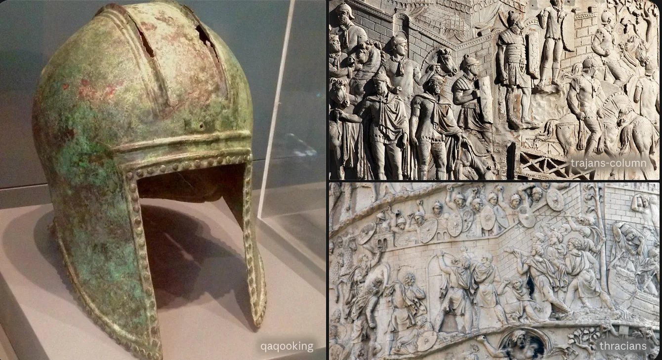 An Illyrian-type bronze helmet beside two relief panels from Trajan’s Column showing Roman auxiliary troops