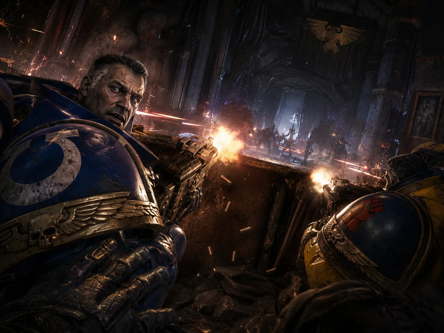 An Ultramarine in blue power armour firing from cover beside a battle brother in the yellow and blue of the Crimson Fists