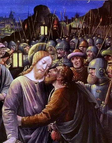 Medieval painting of Judas kissing Jesus at night, surrounded by soldiers with spears
