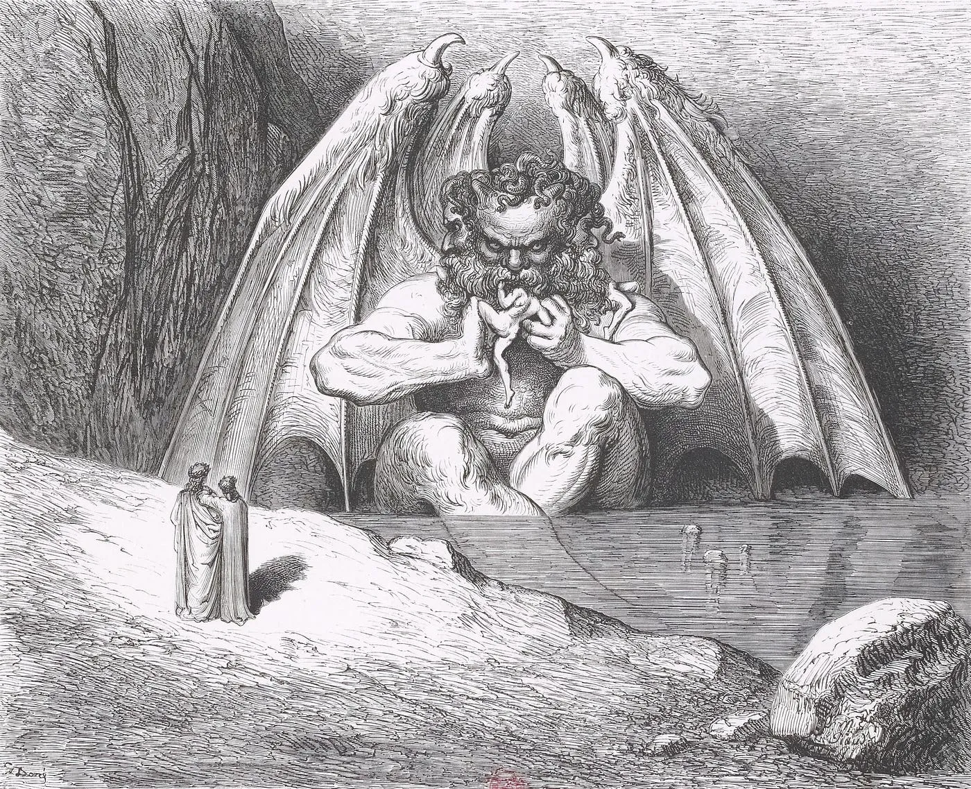 Gustave Doré engraving of a giant winged Lucifer devouring a sinner in Dante's Inferno