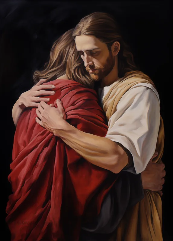 Painting of Jesus tenderly embracing a long-haired man wrapped in a red robe