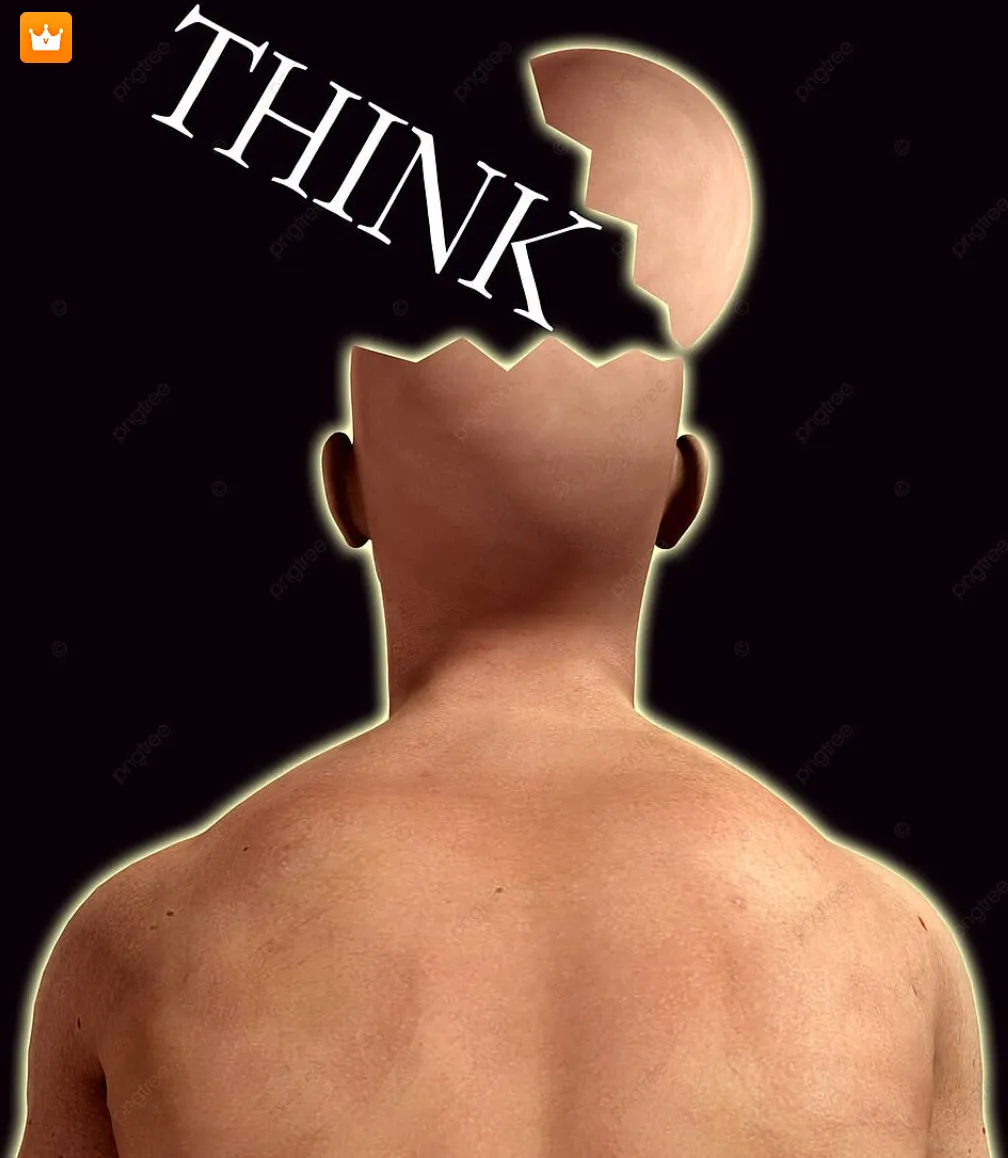 Man seen from behind, his head cracked open like an eggshell, releasing the word THINK